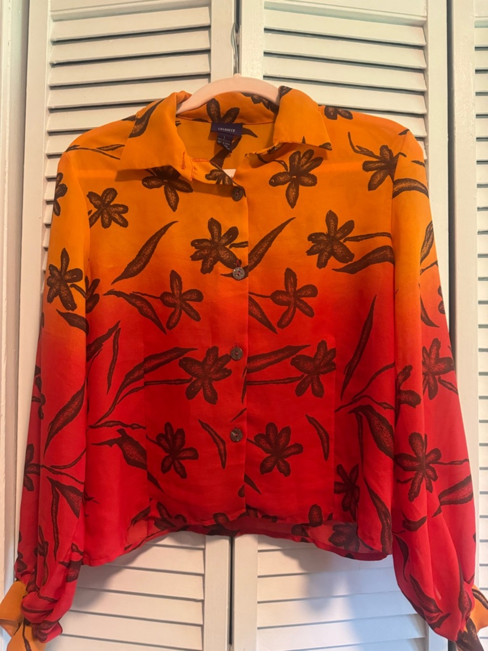 Vintage Orange-Red Floral Button-Up Blouse